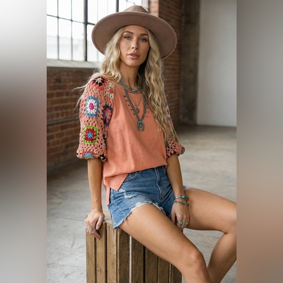 Umgee Tops - NWT UMGEE Boho Festival Hippie Granny Crochet Tile Linen Cotton Blend Top Shirt